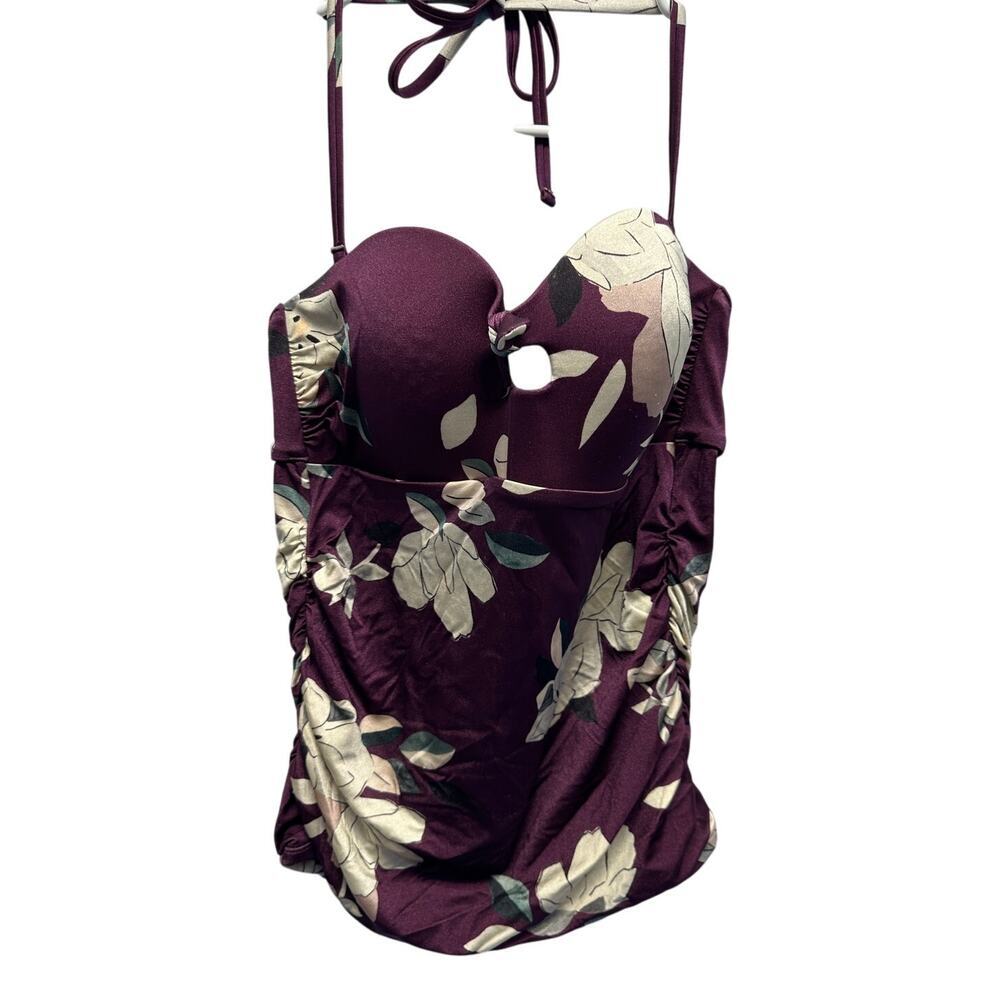 Athleta Swimsuit Top Purple Floral Tankini Ruched Sides Size M